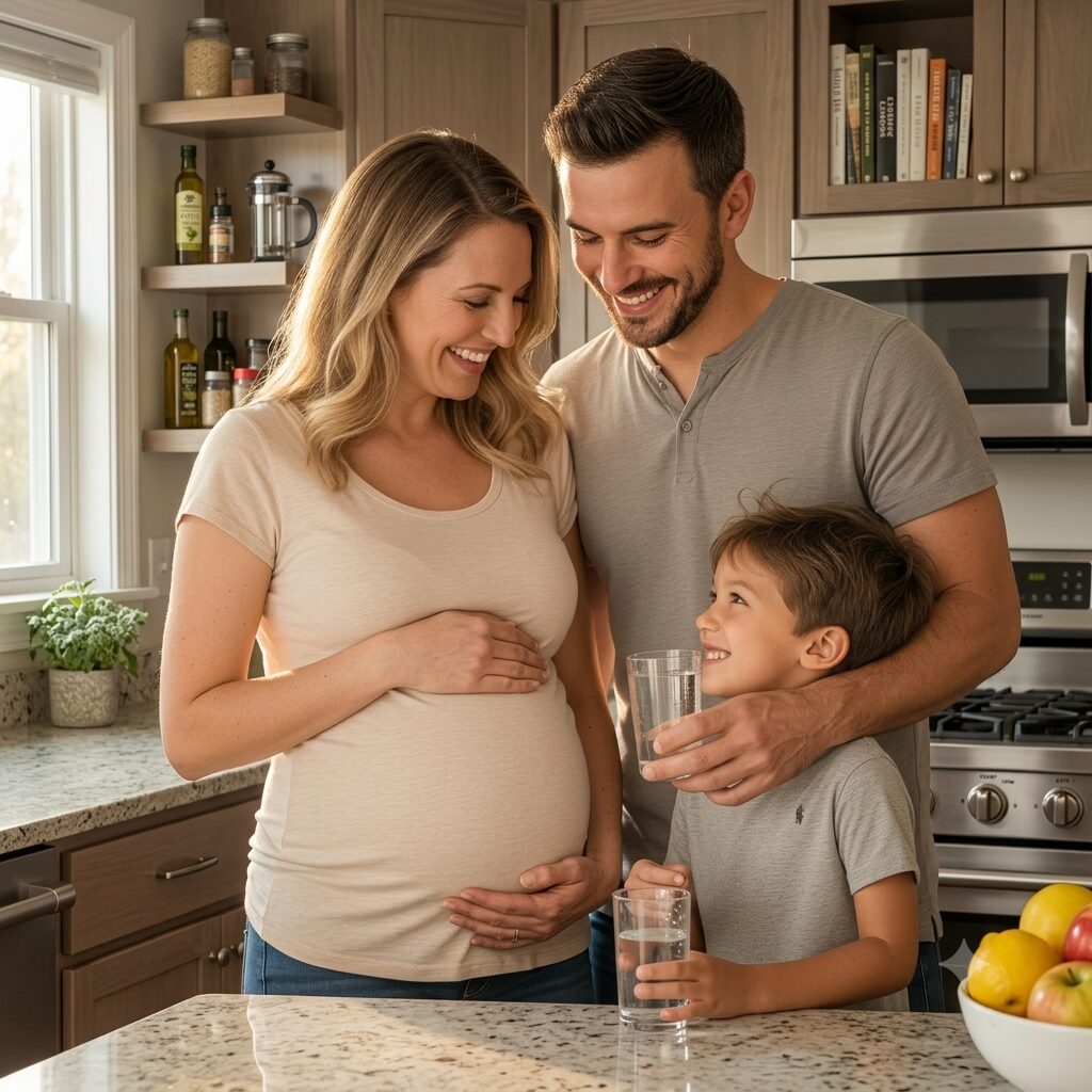 Happy Southwest Florida family with a pregnant mother enjoying clean filtered water